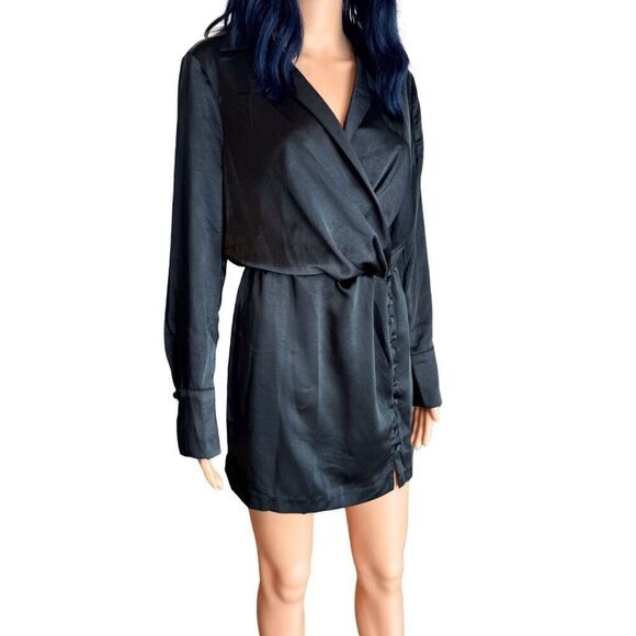 NWT Endless Rose Black Long Sleeve Satin Mini Dress - Picture 5 of 9